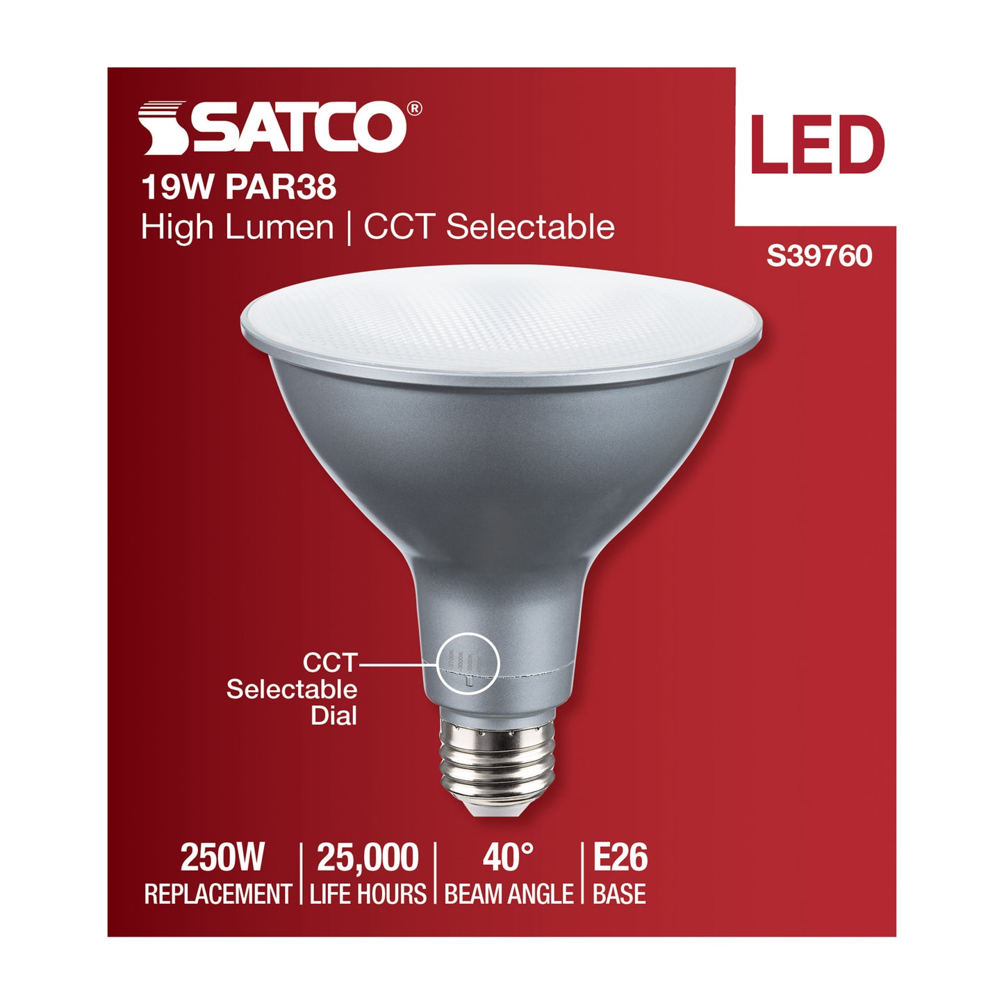 image of 19 Watt PAR38 High Lumen LED - 27K/30K/35K/40K/50K CCT Selectable - Medium Base - 120-277 Volt