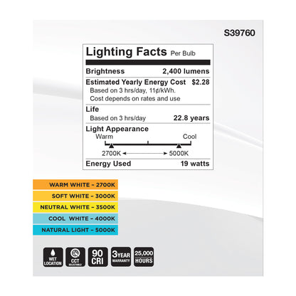 image of 19 Watt PAR38 High Lumen LED - 27K/30K/35K/40K/50K CCT Selectable - Medium Base - 120-277 Volt
