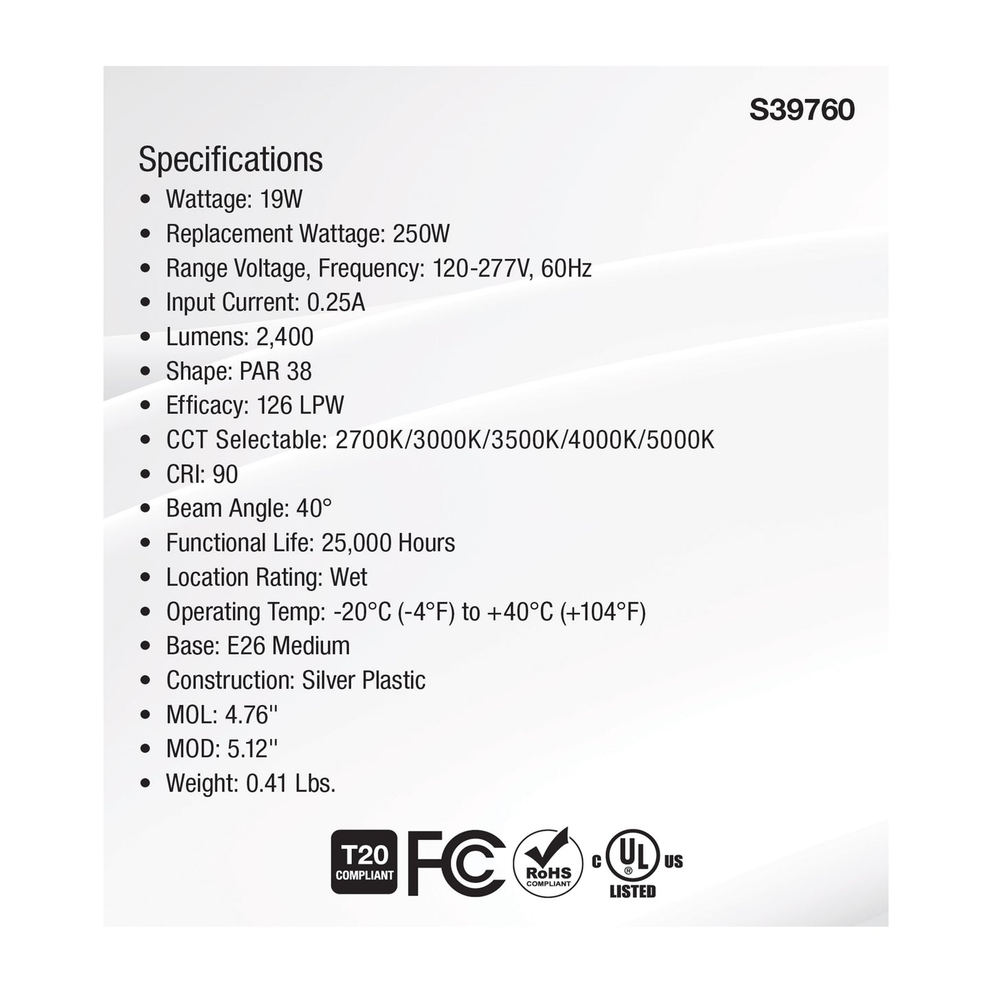 image of 19 Watt PAR38 High Lumen LED - 27K/30K/35K/40K/50K CCT Selectable - Medium Base - 120-277 Volt