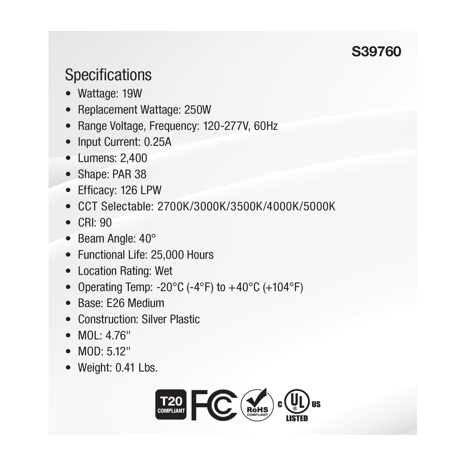 image of 19 Watt PAR38 High Lumen LED - 27K/30K/35K/40K/50K CCT Selectable - Medium Base - 120-277 Volt