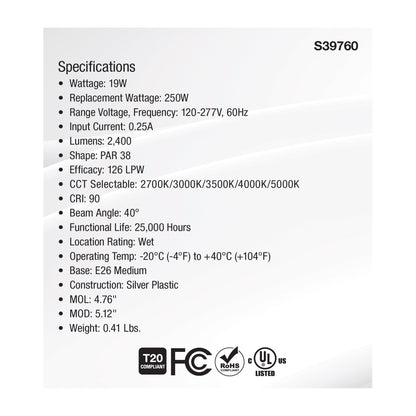 image of 19 Watt PAR38 High Lumen LED - 27K/30K/35K/40K/50K CCT Selectable - Medium Base - 120-277 Volt