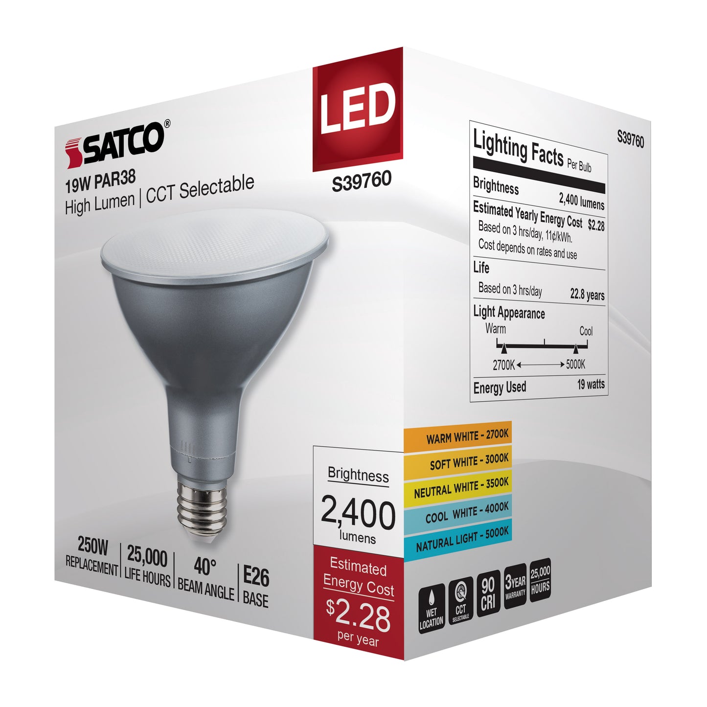 image of 19 Watt PAR38 High Lumen LED - 27K/30K/35K/40K/50K CCT Selectable - Medium Base - 120-277 Volt