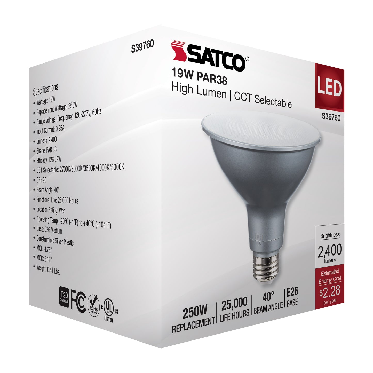 image of 19 Watt PAR38 High Lumen LED - 27K/30K/35K/40K/50K CCT Selectable - Medium Base - 120-277 Volt