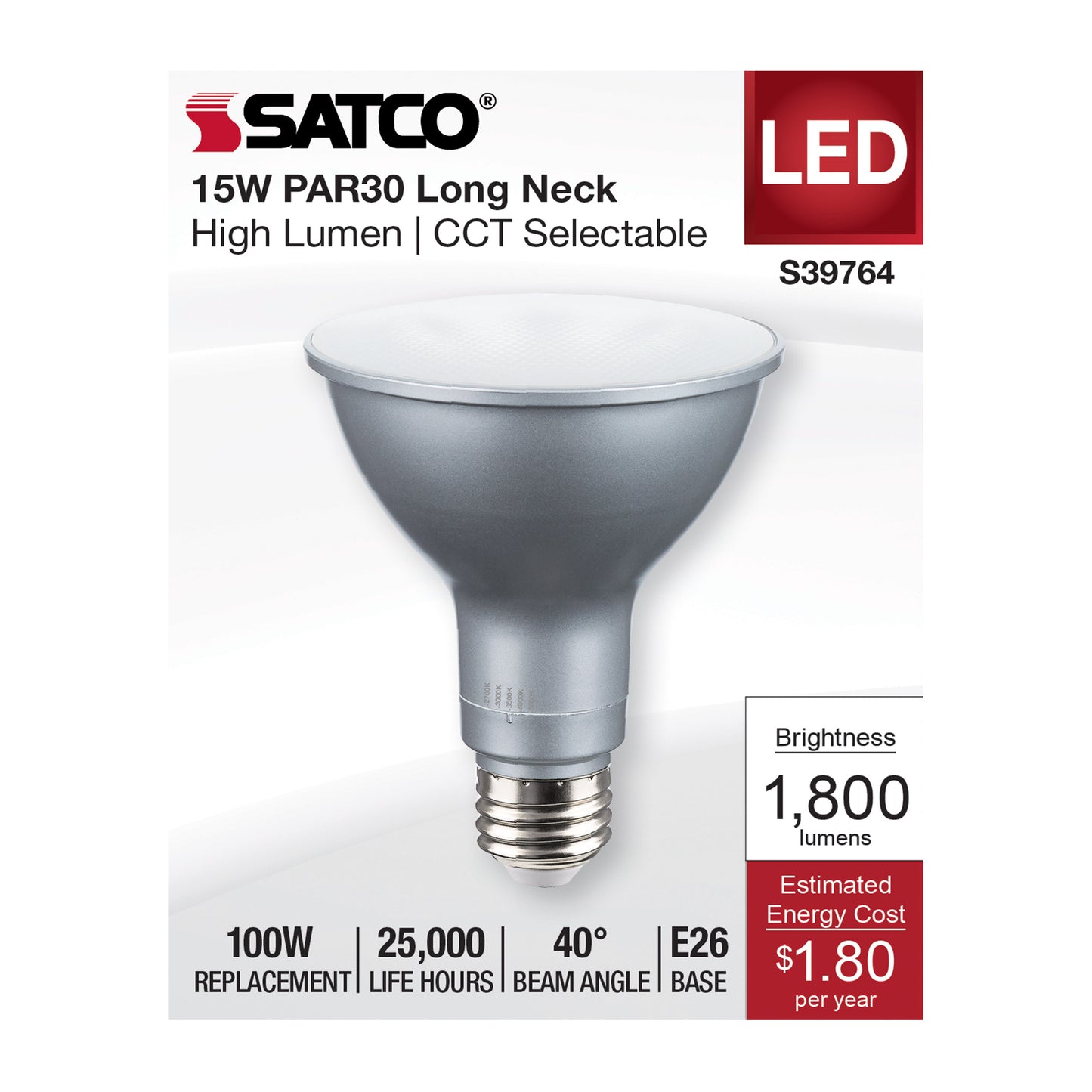image of 15 Watt PAR30LN High Lumen LED - Long Neck - 27K/30K/35K/40K/50K CCT Selectable - Medium Base - 120-277 Volt