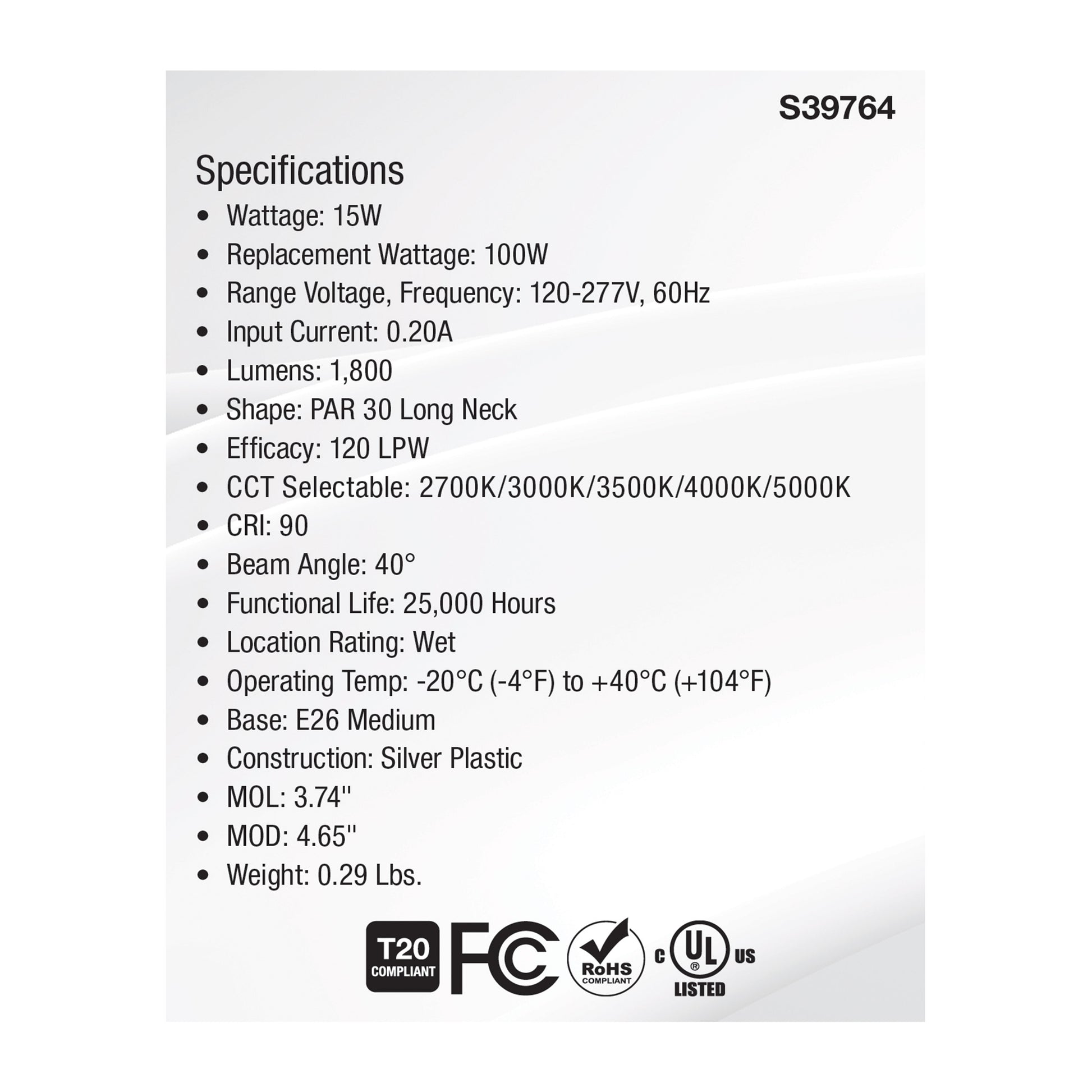 image of 15 Watt PAR30LN High Lumen LED - Long Neck - 27K/30K/35K/40K/50K CCT Selectable - Medium Base - 120-277 Volt