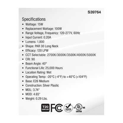 image of 15 Watt PAR30LN High Lumen LED - Long Neck - 27K/30K/35K/40K/50K CCT Selectable - Medium Base - 120-277 Volt