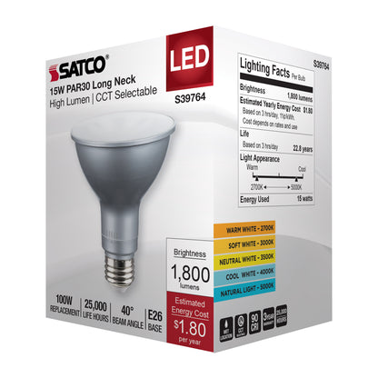 image of 15 Watt PAR30LN High Lumen LED - Long Neck - 27K/30K/35K/40K/50K CCT Selectable - Medium Base - 120-277 Volt