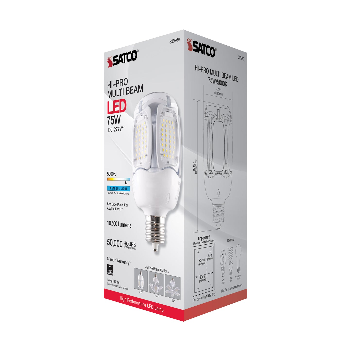 image of 75 Watt LED HID Replacement - 5000K - Mogul Extended base - Adjustable Beam Angle - Type B Ballast Bypass -100-277 Volt