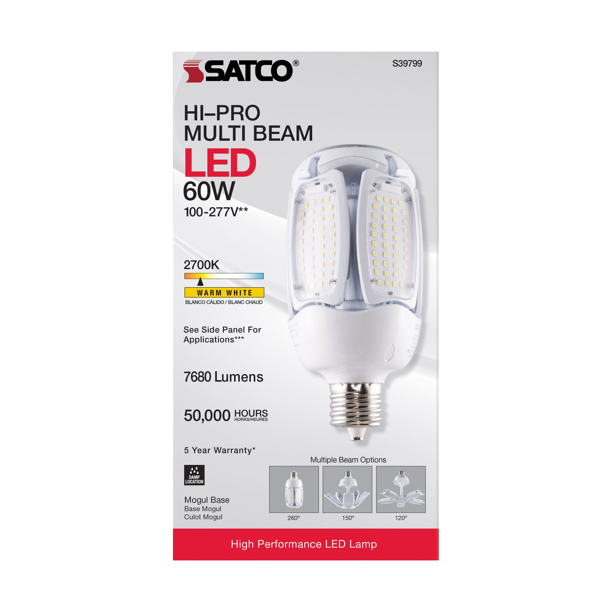 image of 60 Watt LED HID Replacement - 2700K - Mogul extended base - Adjustable Beam Angle - Type B Ballast Bypass -100-277 Volt