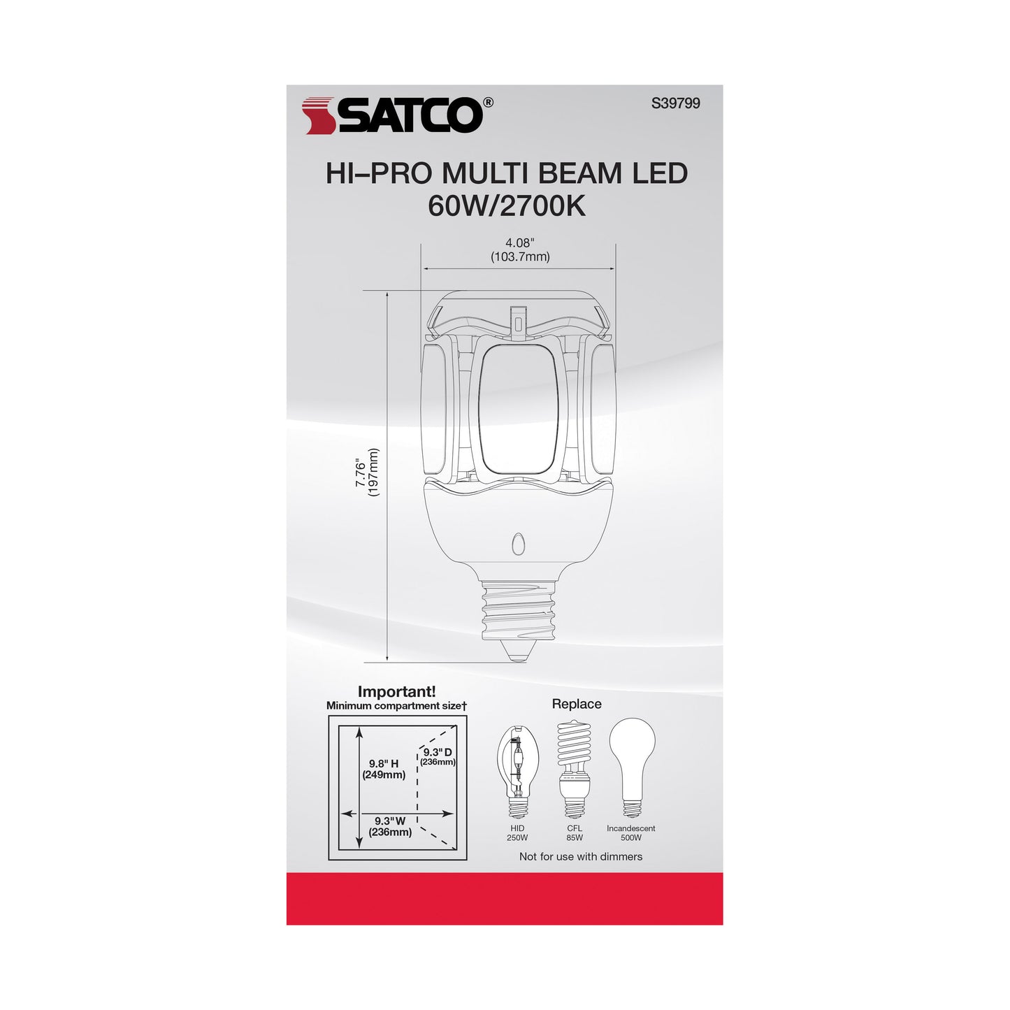 image of 60 Watt LED HID Replacement - 2700K - Mogul extended base - Adjustable Beam Angle - Type B Ballast Bypass -100-277 Volt