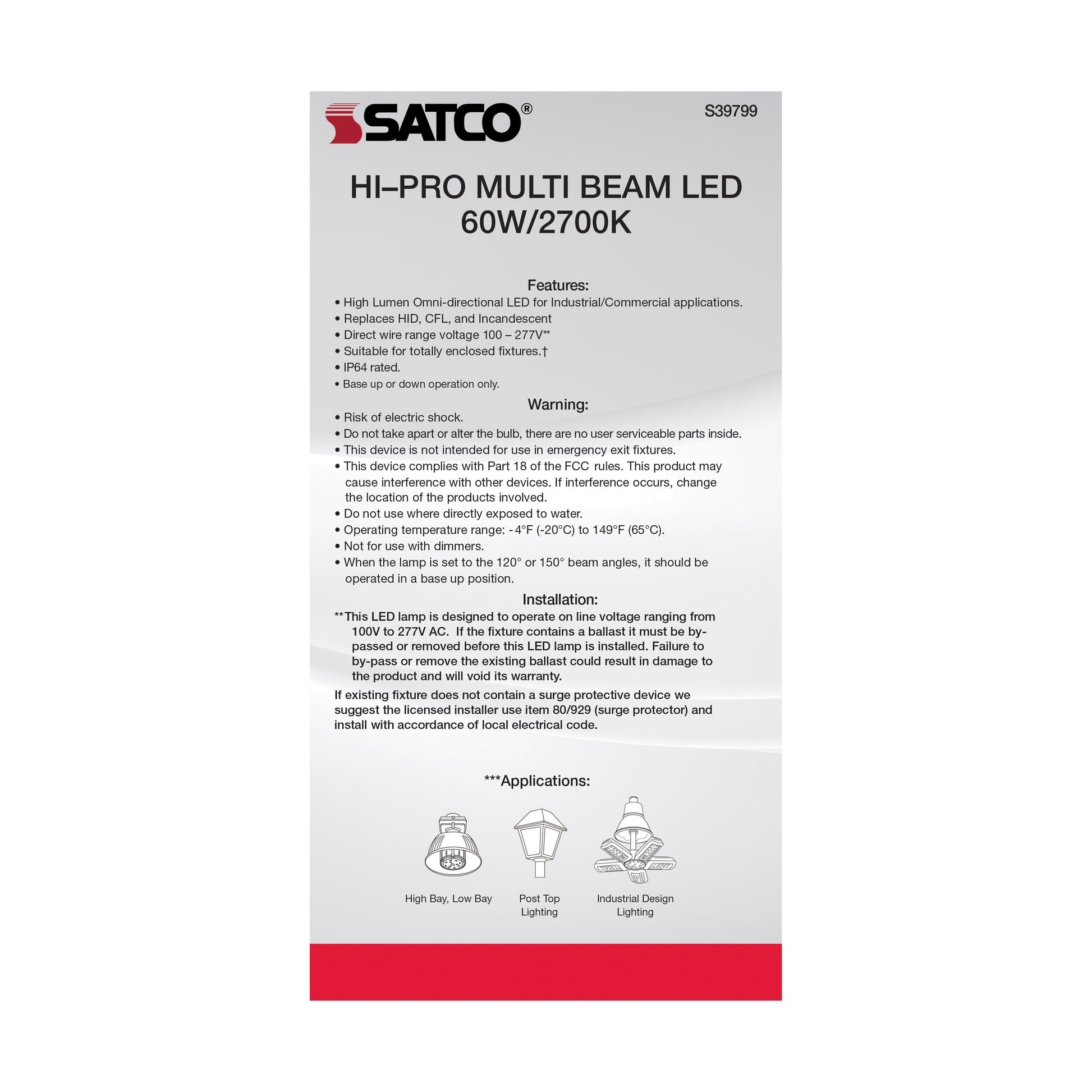 image of 60 Watt LED HID Replacement - 2700K - Mogul extended base - Adjustable Beam Angle - Type B Ballast Bypass -100-277 Volt