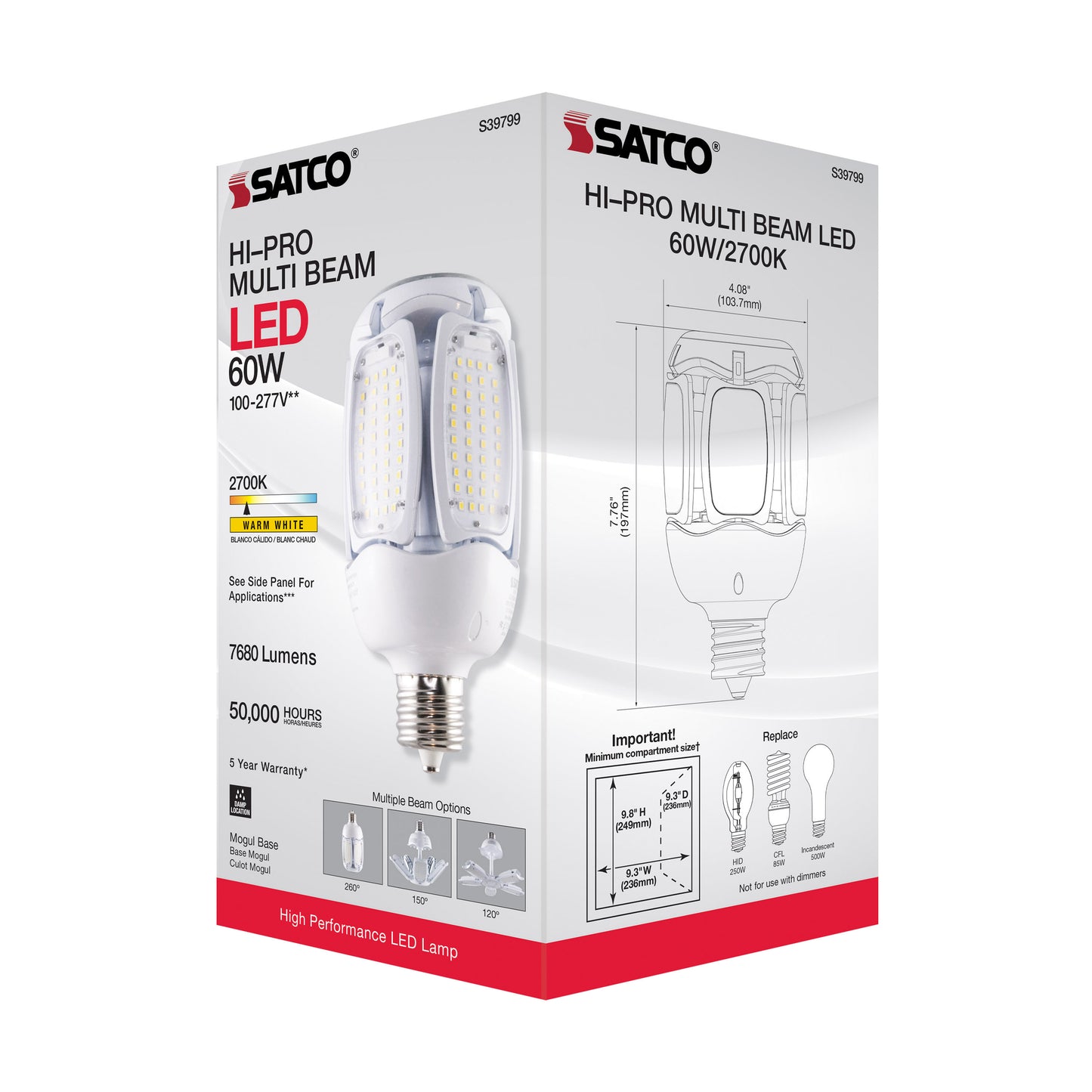 image of 60 Watt LED HID Replacement - 2700K - Mogul extended base - Adjustable Beam Angle - Type B Ballast Bypass -100-277 Volt