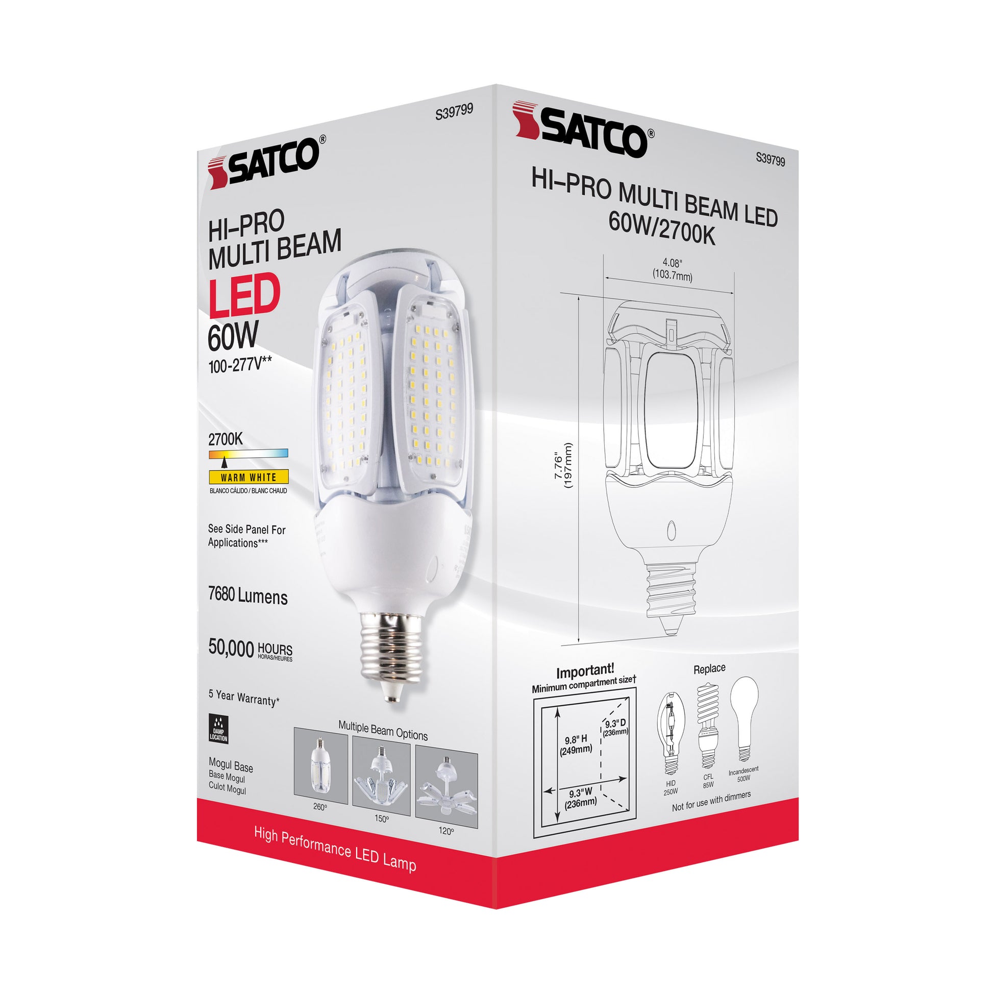 image of 60 Watt LED HID Replacement - 2700K - Mogul extended base - Adjustable Beam Angle - Type B Ballast Bypass -100-277 Volt