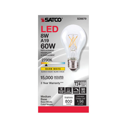 image of 8 Watt A19 LED - Clear Finish - Medium base - 2700K - 120 Volt