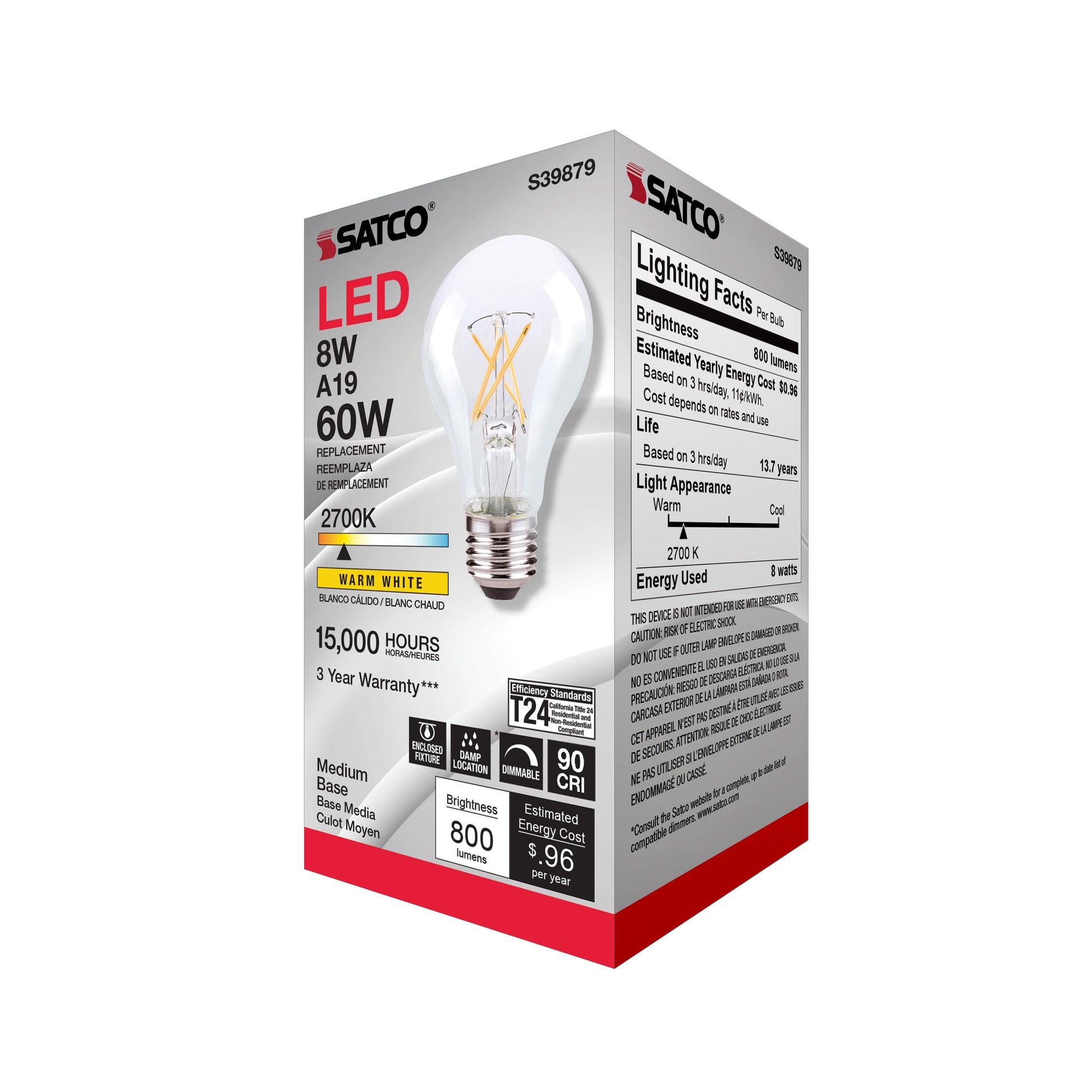 image of 8 Watt A19 LED - Clear Finish - Medium base - 2700K - 120 Volt