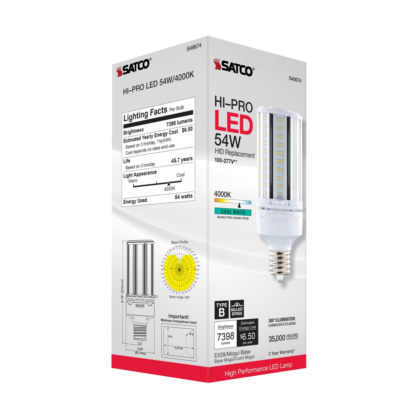 image of 54 Watt LED HID Replacement - 4000K - Extended Mogul base - Type B Ballast Bypass - Economy Hi-Pro