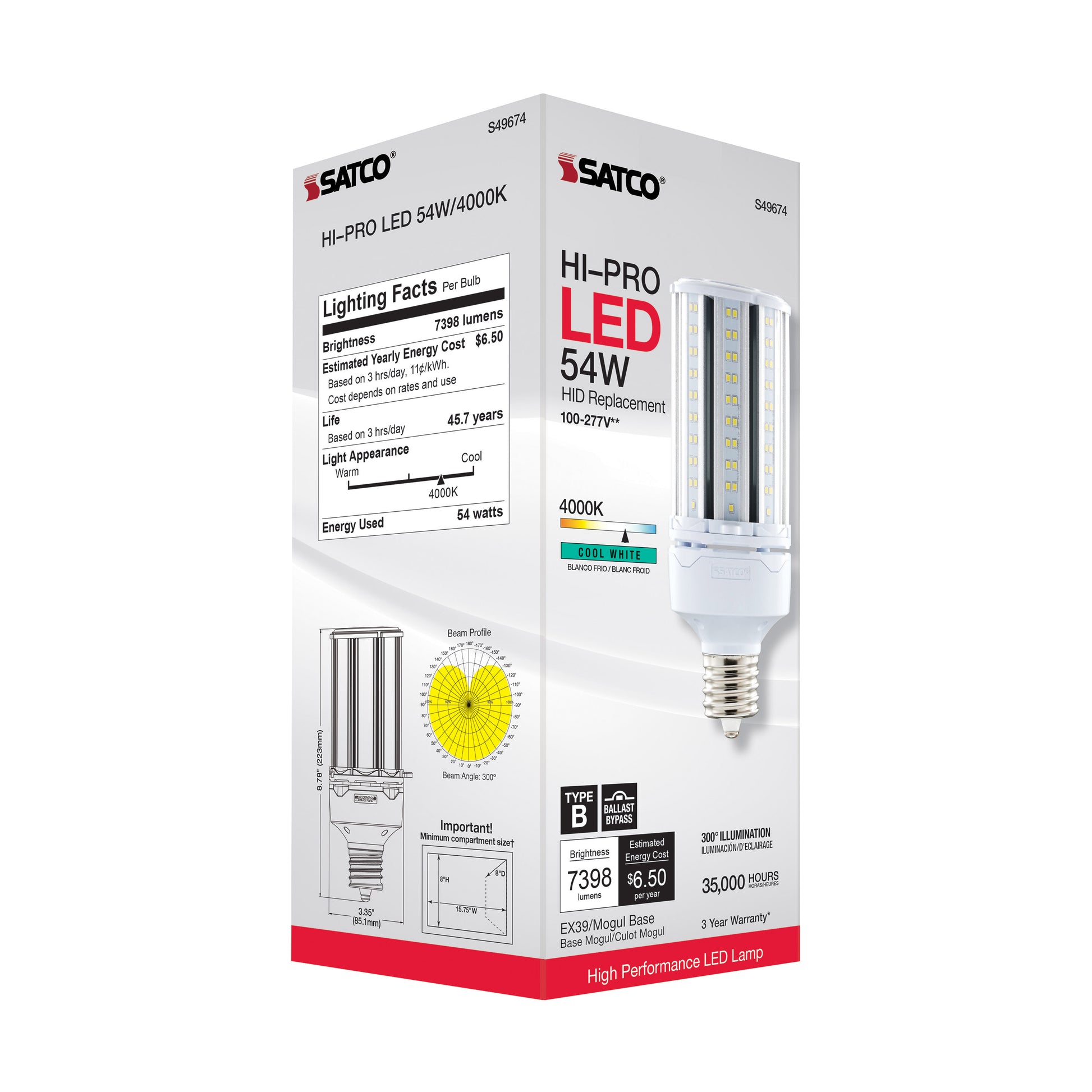 image of 54 Watt LED HID Replacement - 4000K - Extended Mogul base - Type B Ballast Bypass - Economy Hi-Pro