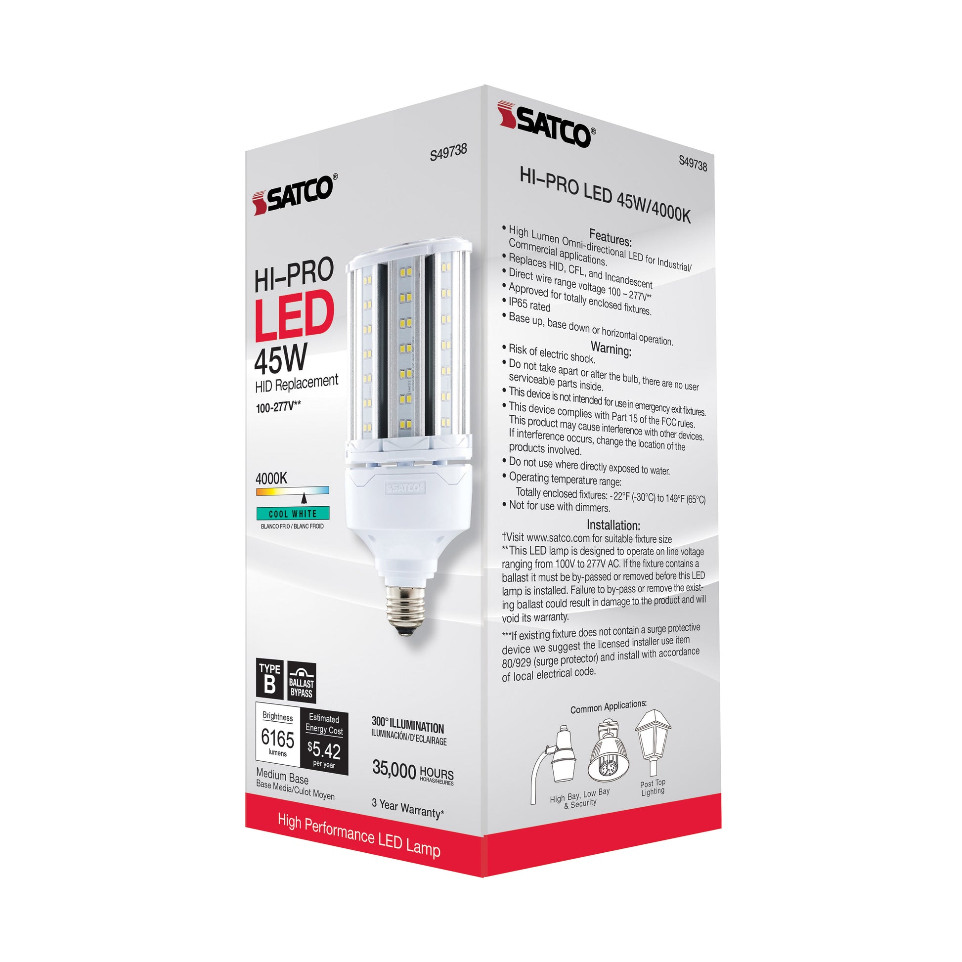 image of 45 Watt LED HID Replacement - 80 CRI - 4000K - Type B - Ballast Bypass - Medium base - Economy Hi-Pro