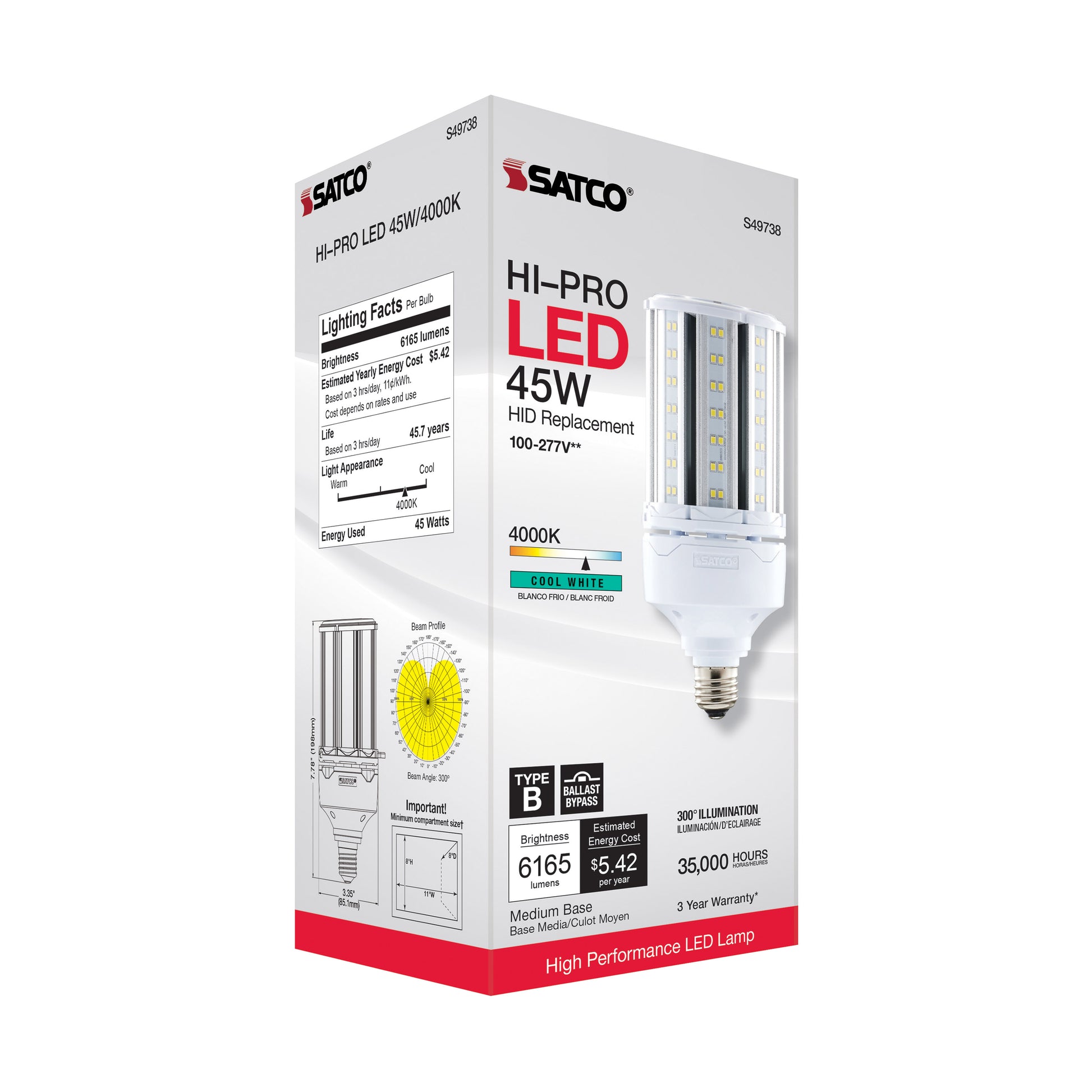 image of 45 Watt LED HID Replacement - 80 CRI - 4000K - Type B - Ballast Bypass - Medium base - Economy Hi-Pro