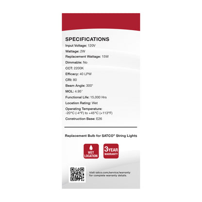 image of Replacement LED String Light Lamp - 2 Watts - ST19 - 2200K - Clear - 120 Volt - Medium Base - 2-Pack