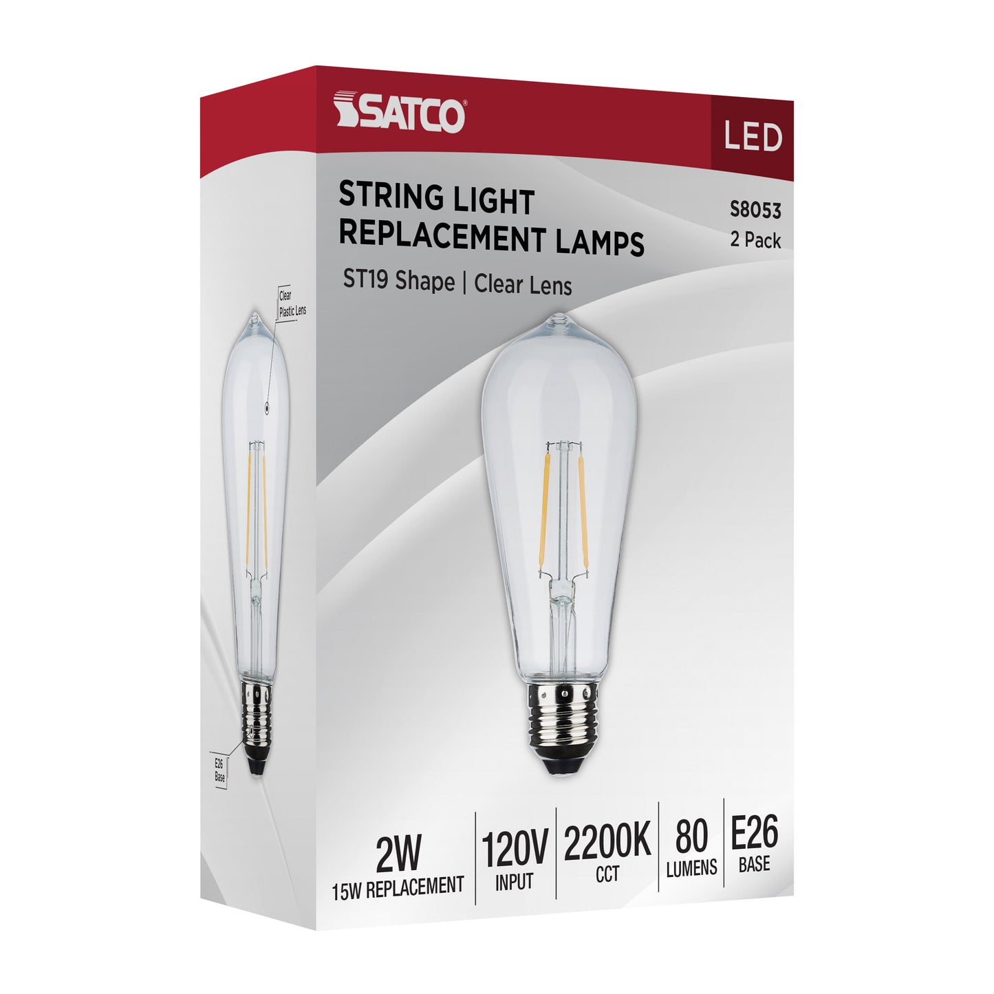 image of Replacement LED String Light Lamp - 2 Watts - ST19 - 2200K - Clear - 120 Volt - Medium Base - 2-Pack