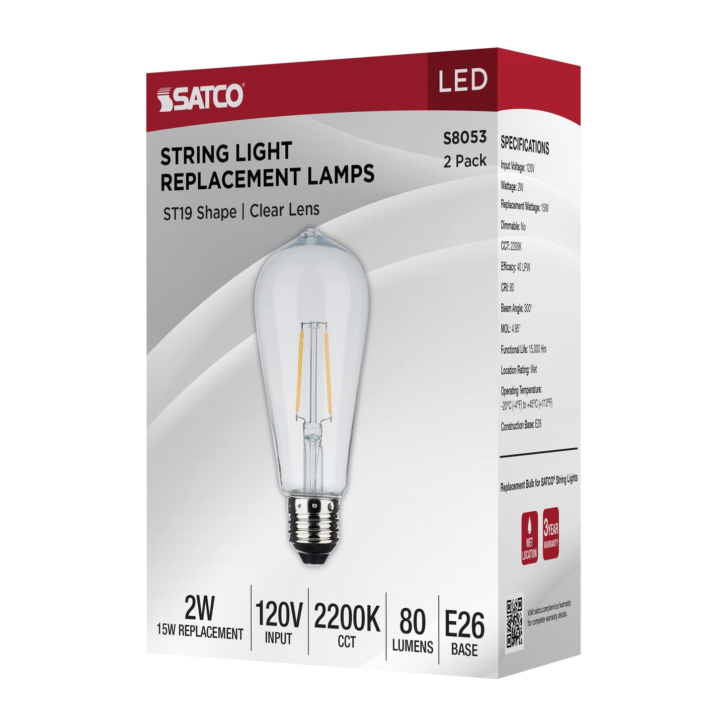 image of Replacement LED String Light Lamp - 2 Watts - ST19 - 2200K - Clear - 120 Volt - Medium Base - 2-Pack