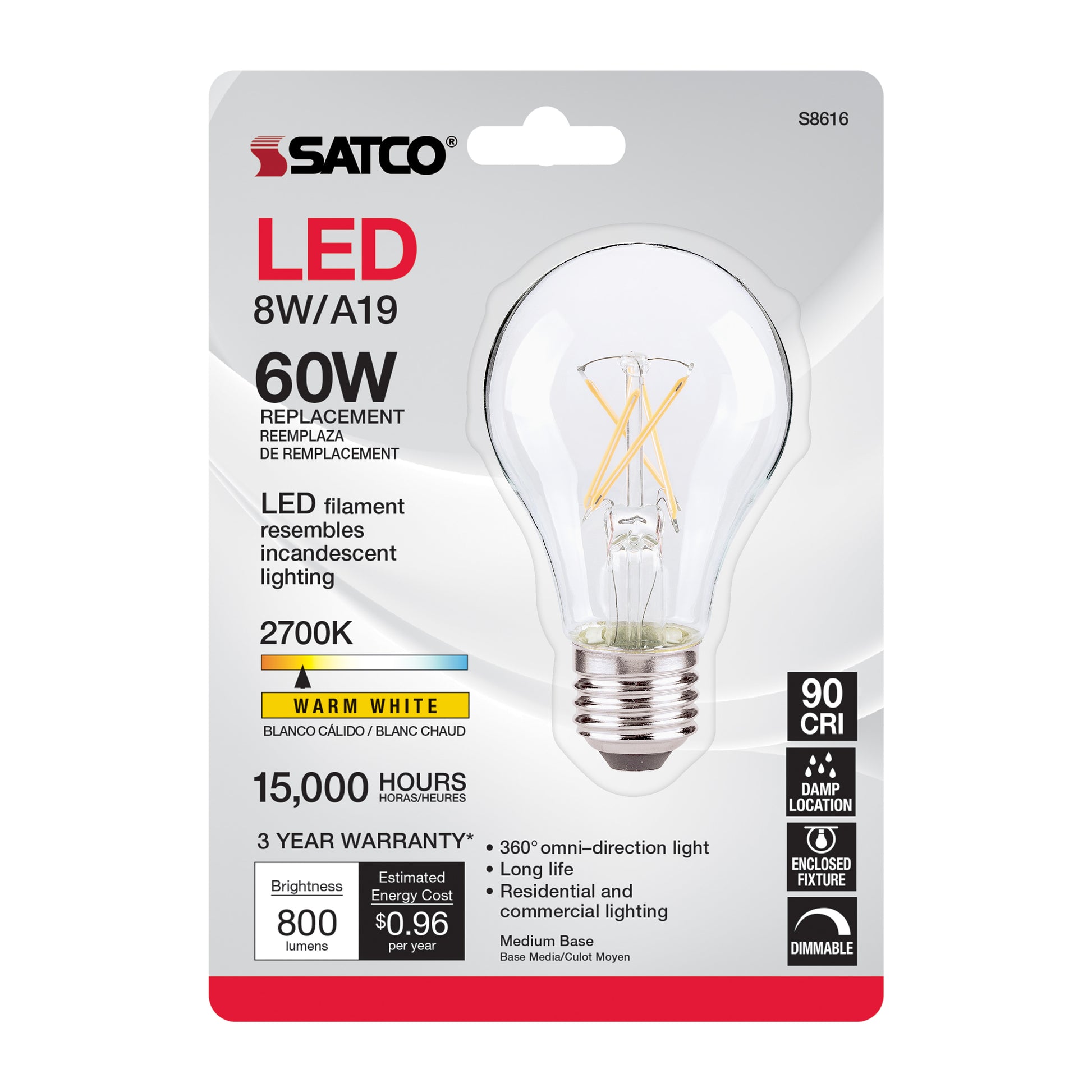 image of 8 Watt A19 LED - Clear - Medium base - 2700K - 800 Lumens - 120 Volt - Carded