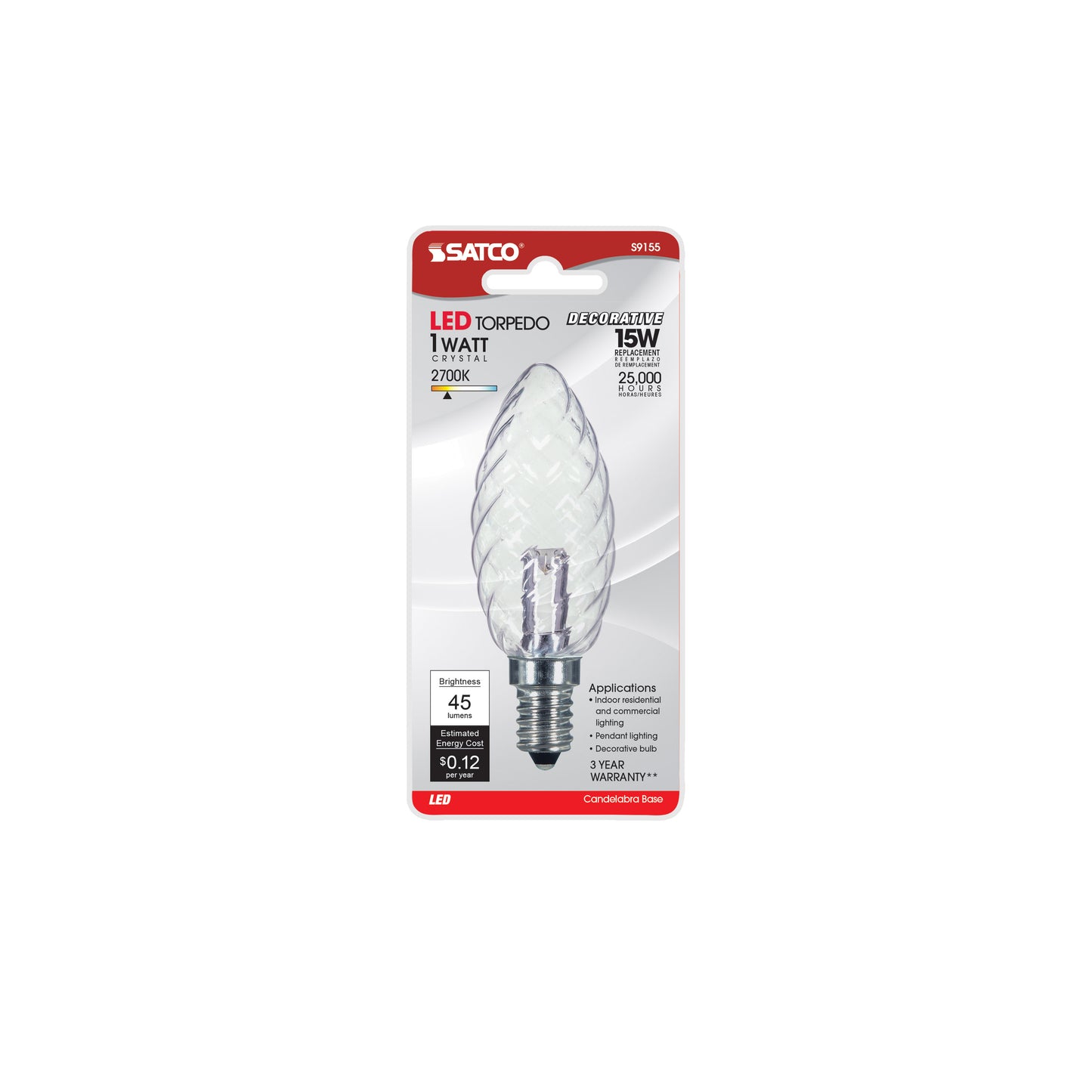 image of 1 Watt LED - BA9 1/2 - Clear - 2700K - Candelabra base - 120 Volt - Carded