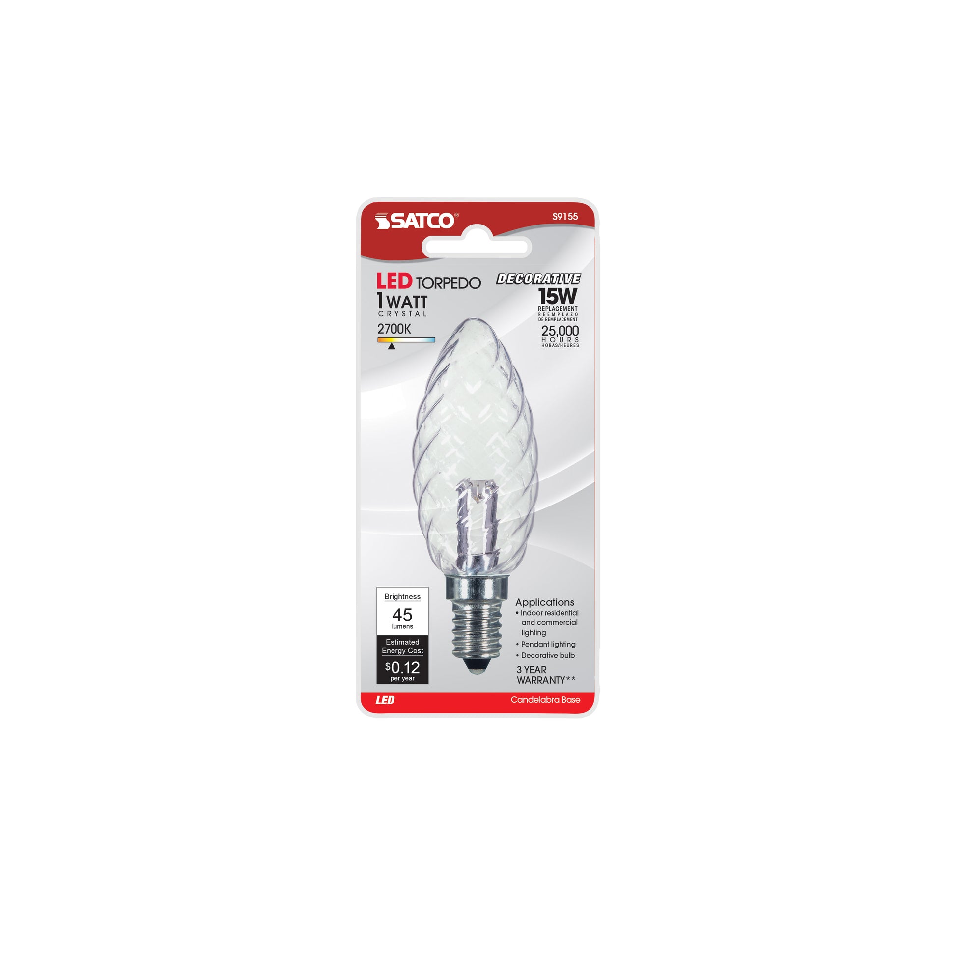 image of 1 Watt LED - BA9 1/2 - Clear - 2700K - Candelabra base - 120 Volt - Carded