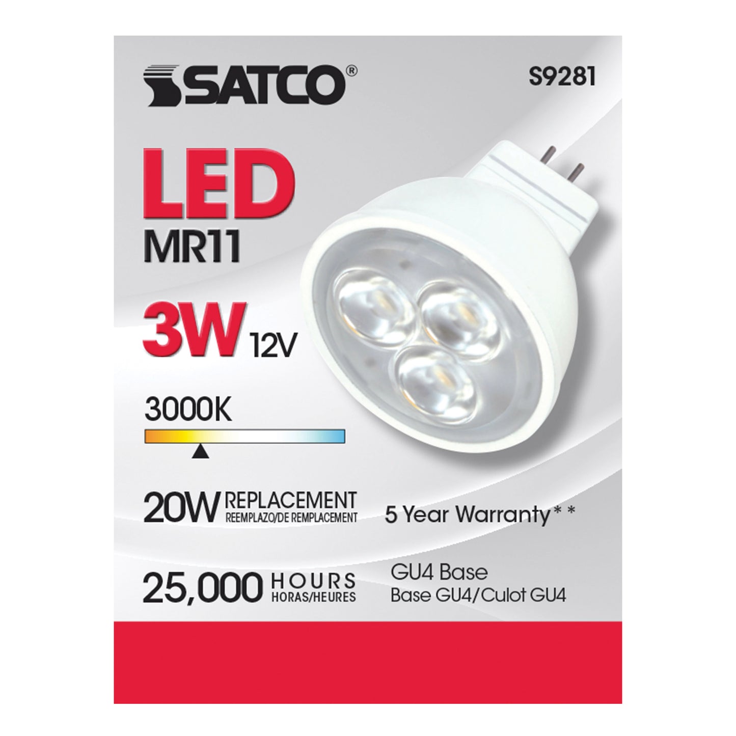image of 3W - LED - MR11 - 3000K - 25 deg. beam spread - 25000 Average rated hours - 210 Lumens - GU4 base - 12 Volt AC/DC