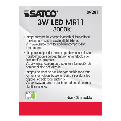 image of 3W - LED - MR11 - 3000K - 25 deg. beam spread - 25000 Average rated hours - 210 Lumens - GU4 base - 12 Volt AC/DC
