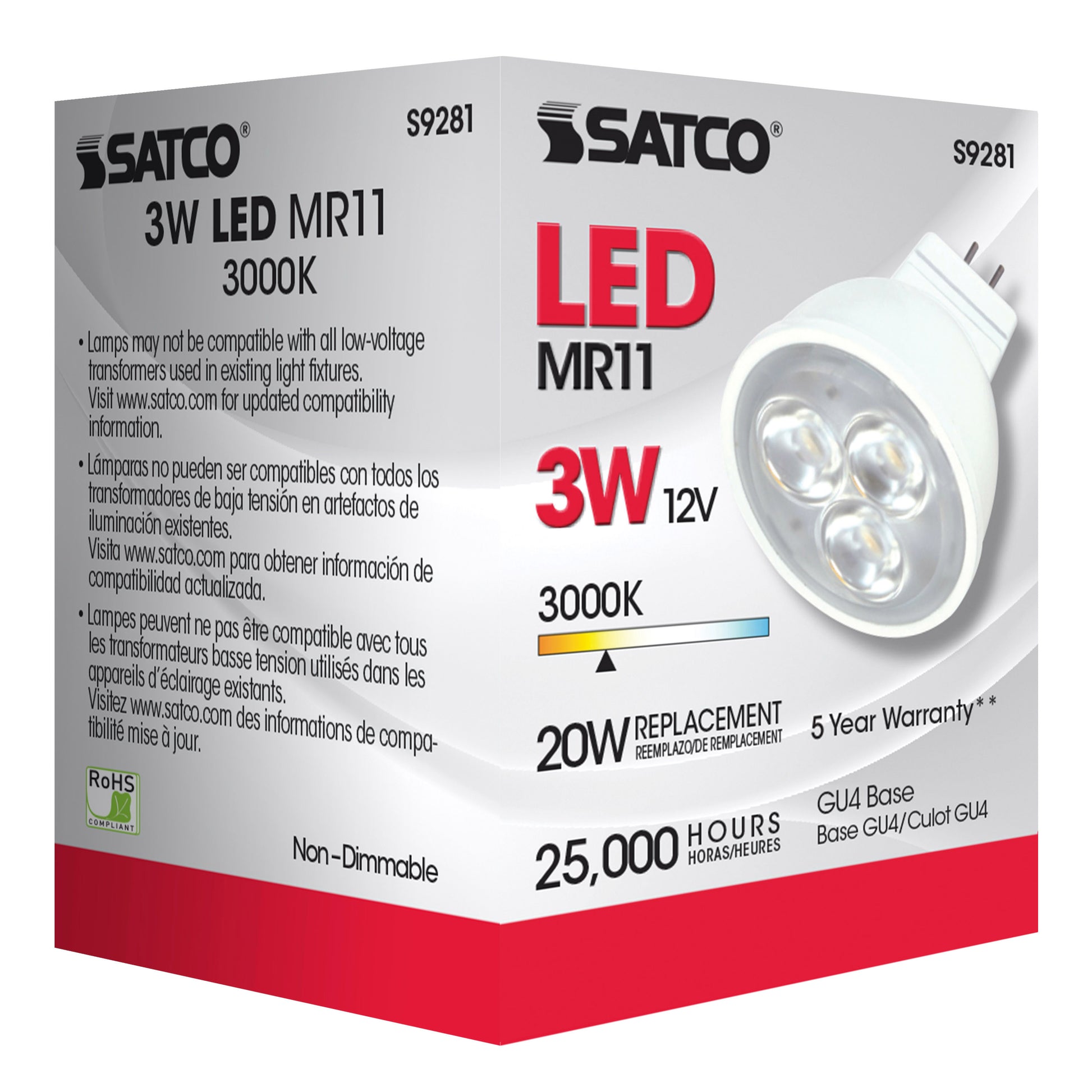 image of 3W - LED - MR11 - 3000K - 25 deg. beam spread - 25000 Average rated hours - 210 Lumens - GU4 base - 12 Volt AC/DC