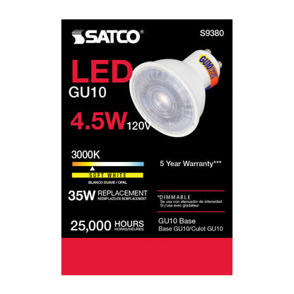 image of 4.5 Watt - LED MR16 - 3000K - 40 deg. Beam Angle - GU10 base - 120 Volt