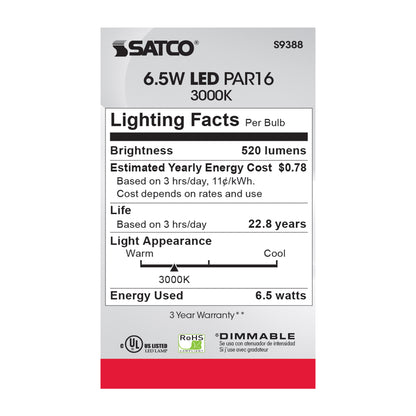 image of 6.5 Watt PAR16 LED - 3000K - 40 deg. Beam Angle - Medium base - 120 Volt