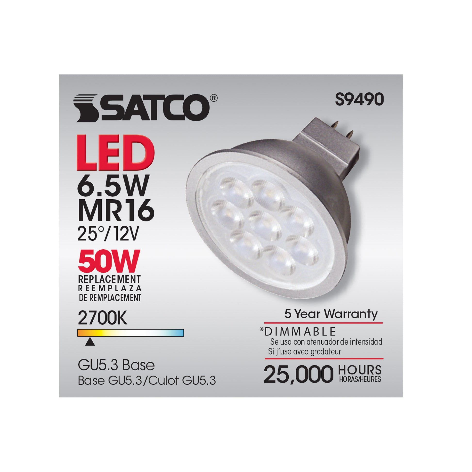 image of 6.5 Watt - LED MR16 LED - 2700K - 25 deg. Beam Angle - GU5.3 base - 12 Volt AC/DC