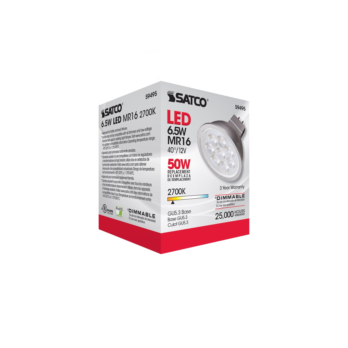 image of 6.5 Watt - LED MR16 LED - 2700K - 40 deg. Beam Angle - GU5.3 base - 12 Volt AC/DC