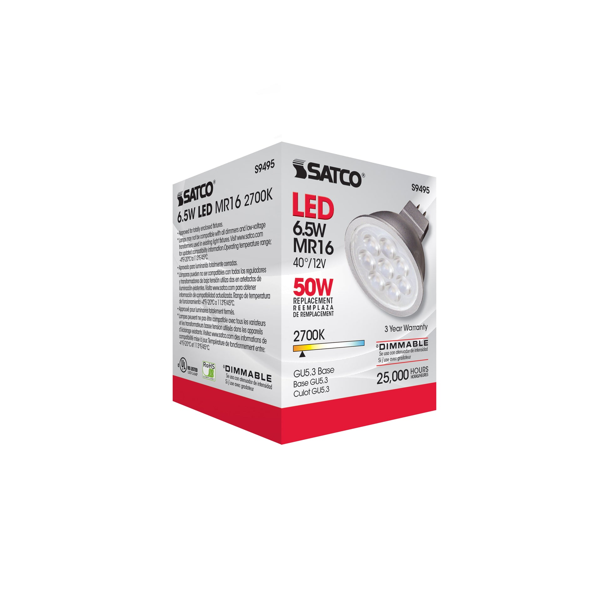 image of 6.5 Watt - LED MR16 LED - 2700K - 40 deg. Beam Angle - GU5.3 base - 12 Volt AC/DC