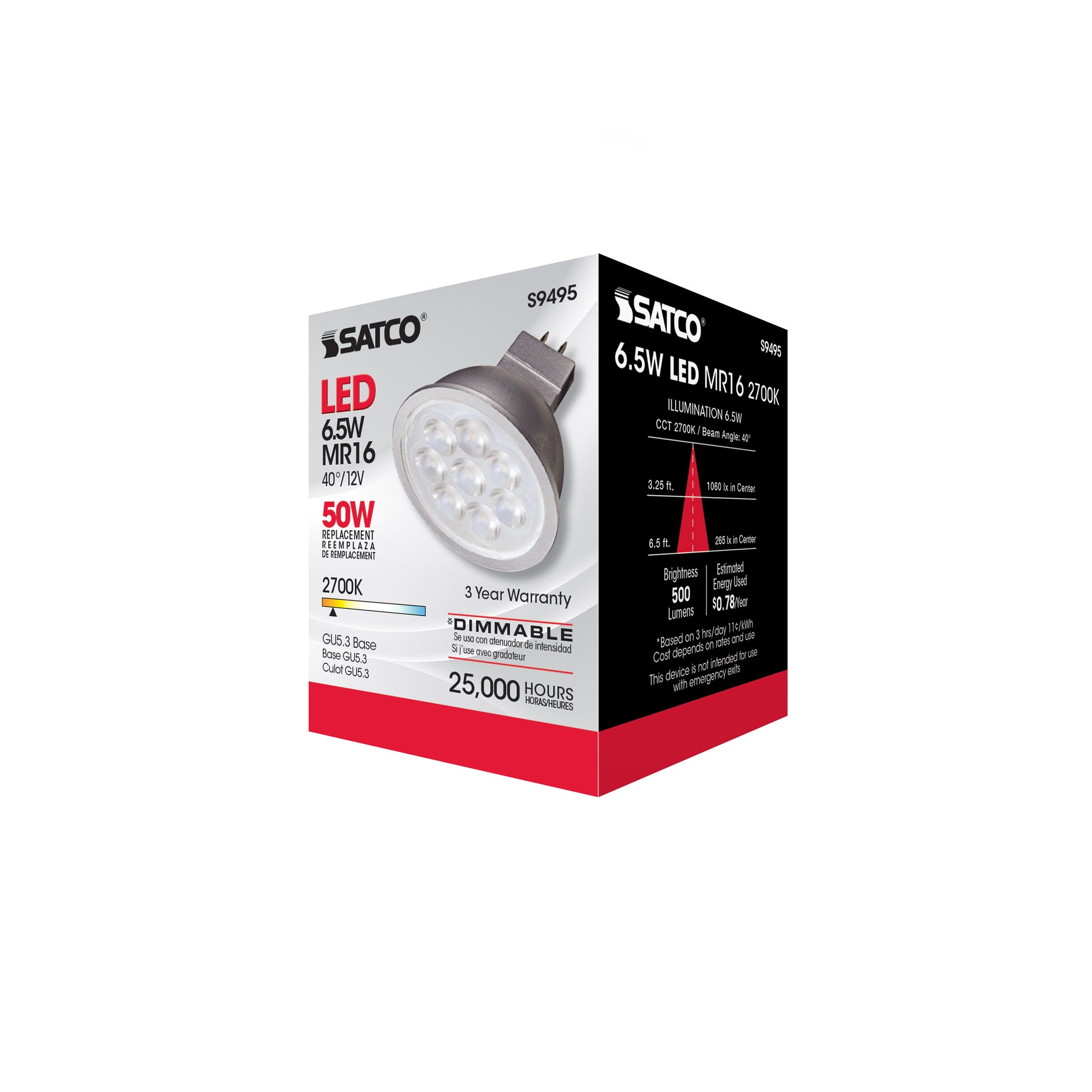 image of 6.5 Watt - LED MR16 LED - 2700K - 40 deg. Beam Angle - GU5.3 base - 12 Volt AC/DC