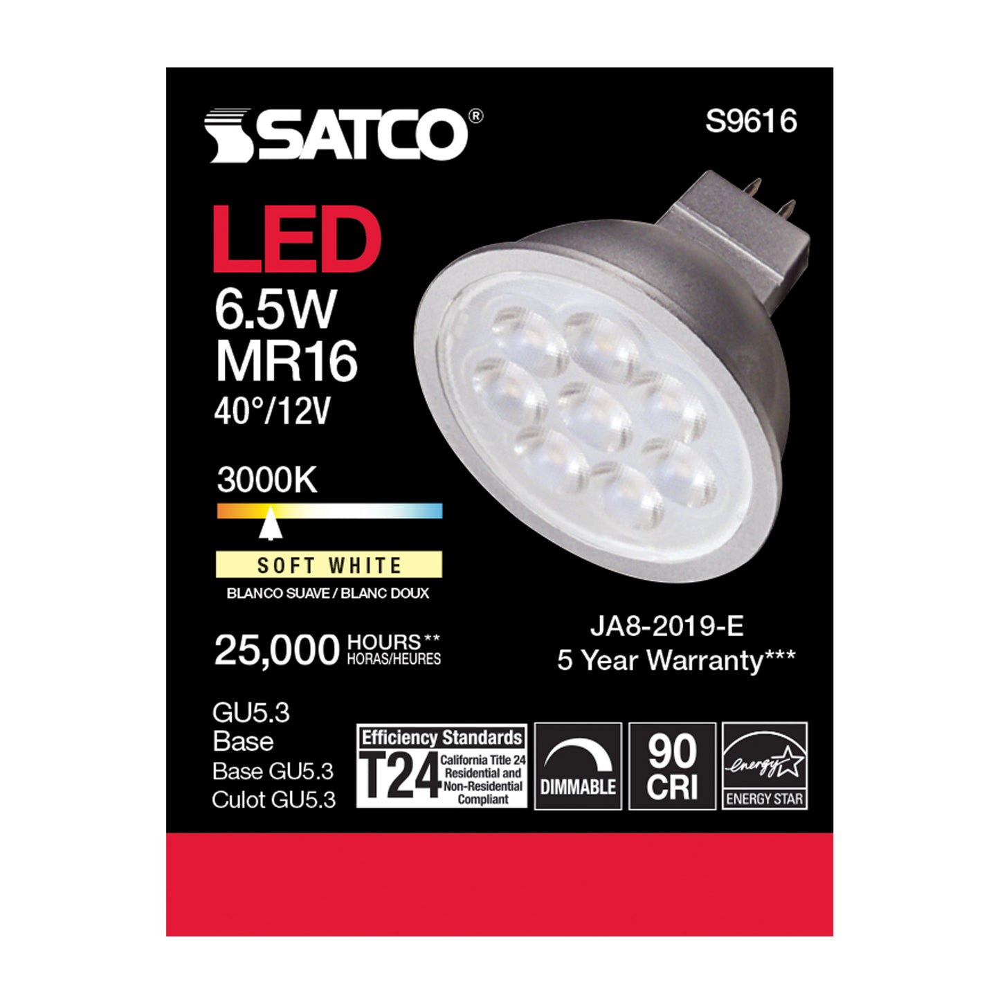 image of 6.5 Watt - LED MR16 LED - 3000K - 40 deg. Beam Angle - GU5.3 base - 12 Volt AC/DC