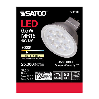 image of 6.5 Watt - LED MR16 LED - 3000K - 40 deg. Beam Angle - GU5.3 base - 12 Volt AC/DC