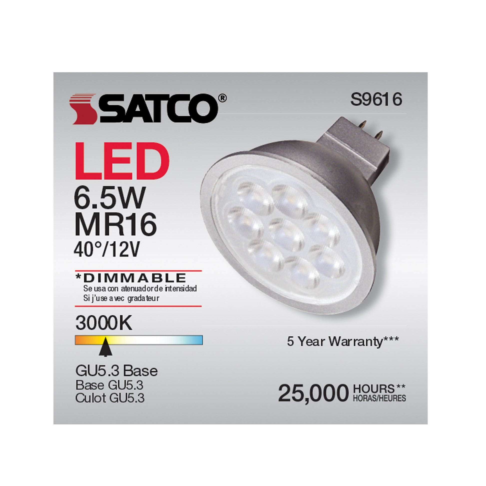 image of 6.5 Watt - LED MR16 LED - 3000K - 40 deg. Beam Angle - GU5.3 base - 12 Volt AC/DC