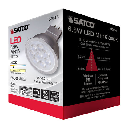 image of 6.5 Watt - LED MR16 LED - 3000K - 40 deg. Beam Angle - GU5.3 base - 12 Volt AC/DC