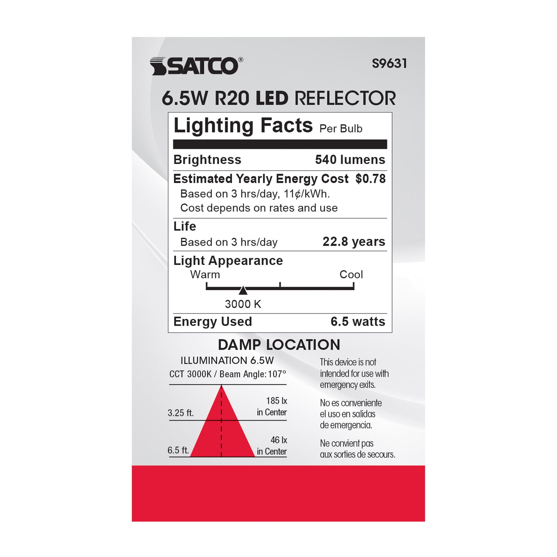 image of 6.5 Watt - LED R20 - 3000K - 107 deg. Beam Angle - Medium base - 120 Volt - Dimmable