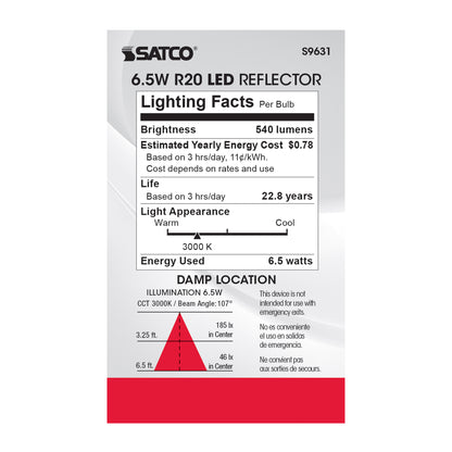 image of 6.5 Watt - LED R20 - 3000K - 107 deg. Beam Angle - Medium base - 120 Volt - Dimmable