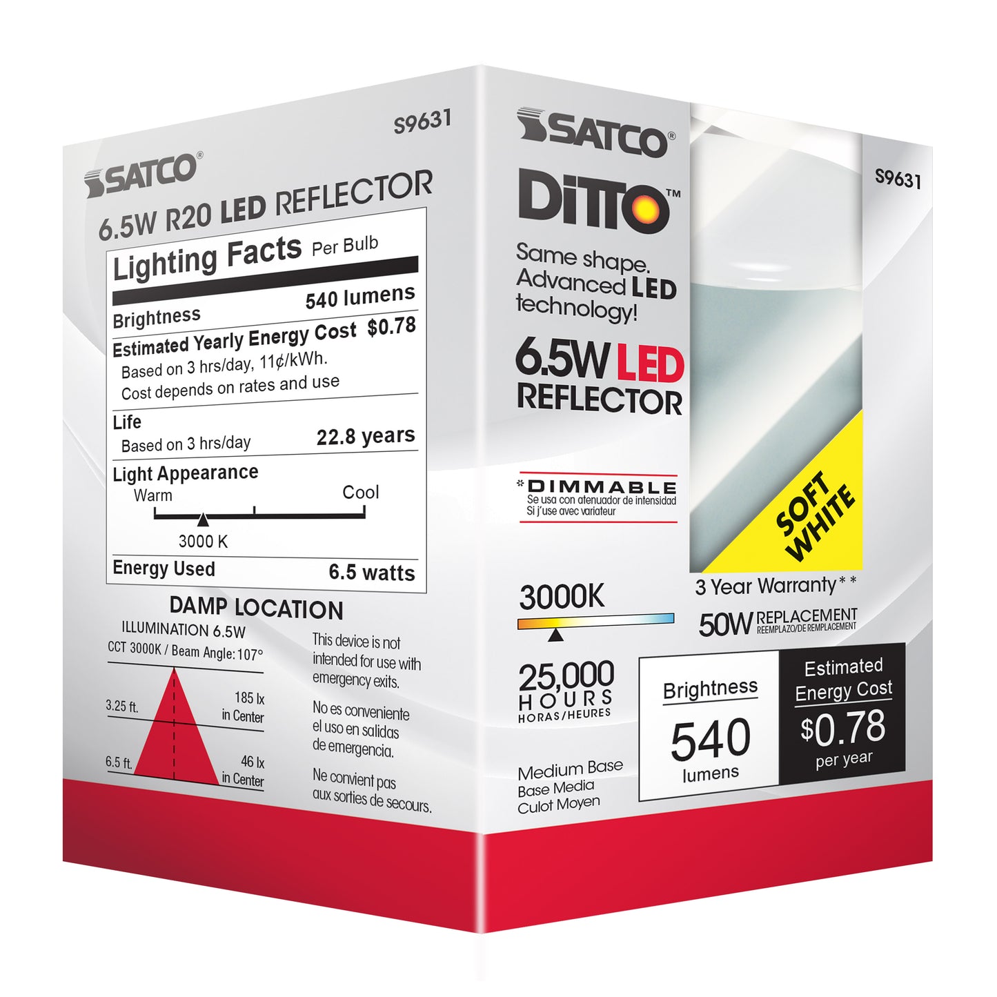 image of 6.5 Watt - LED R20 - 3000K - 107 deg. Beam Angle - Medium base - 120 Volt - Dimmable