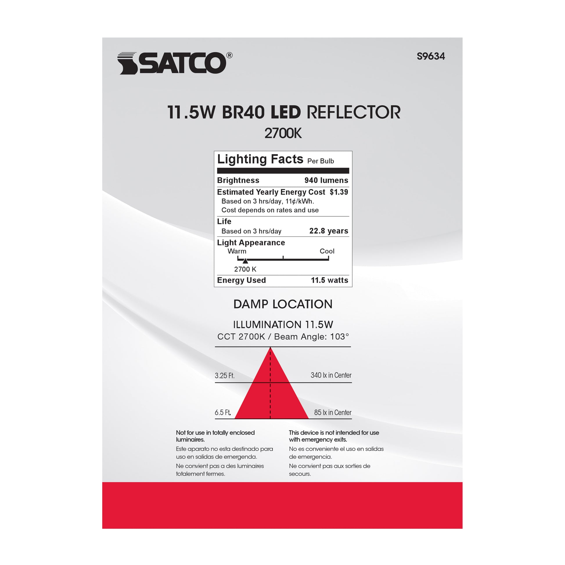 image of 11.5 Watt - LED BR40 - 2700K - 103 deg. Beam Angle - Medium base - 120 Volt - Dimmable