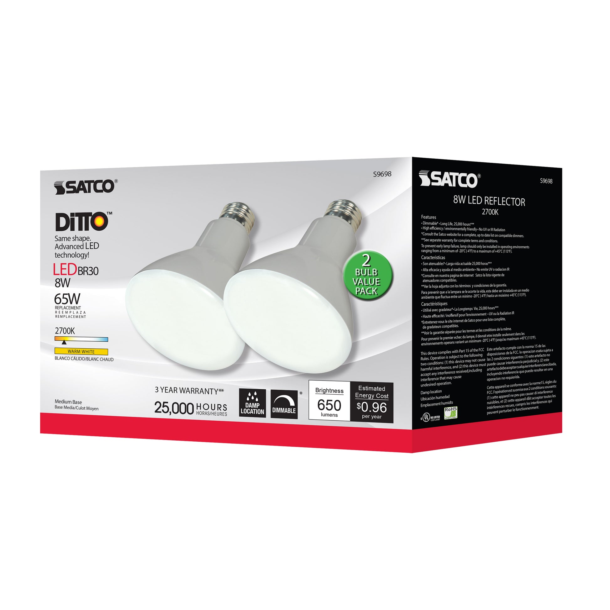 image of 8 Watt - BR30 LED - Medium base - 2700K - 105 deg. Beam Angle - 120 Volt - 2-Pack Display Pack