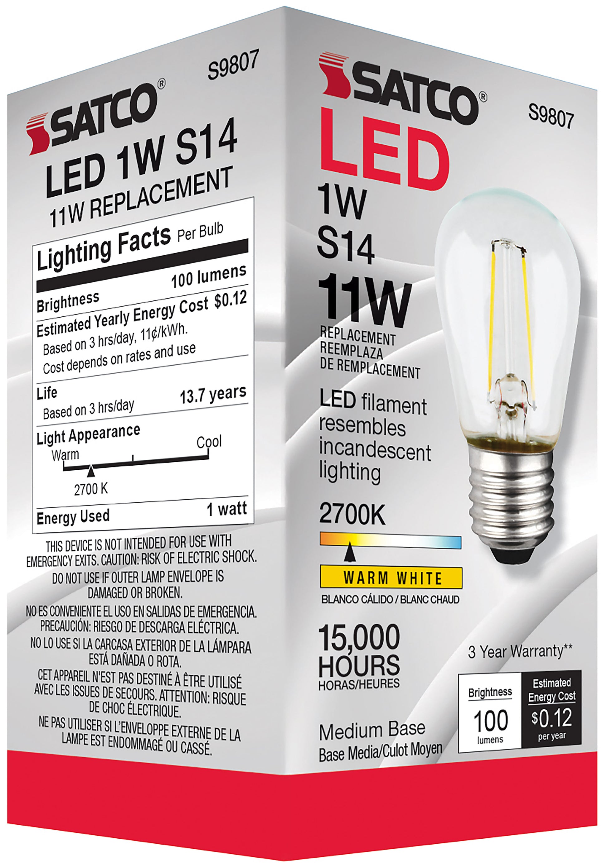 image of 1 Watt LED - S14 - Clear - Medium base - 2700K - 120 Volt