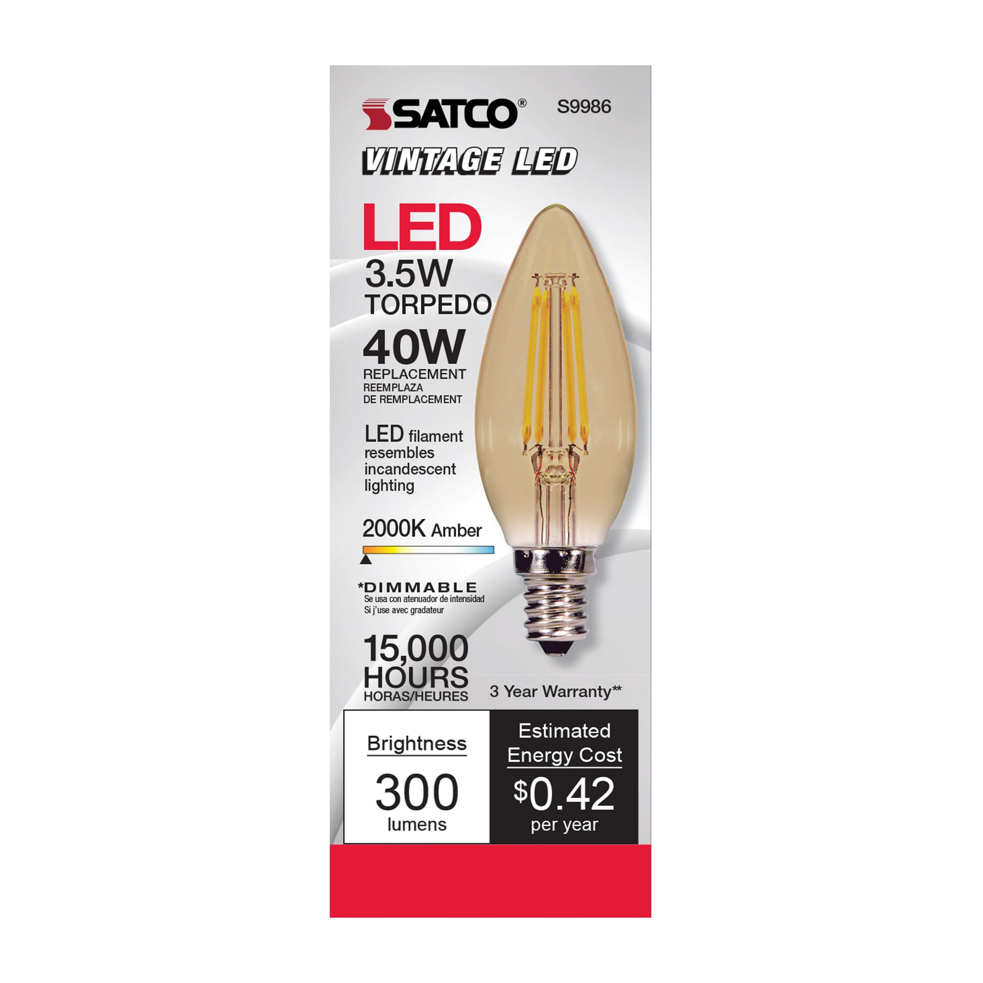 image of 3.5 Watt Torpedo CTA LED - Amber - Candelabra base - 2000K - 300 Lumens - 120 Volt