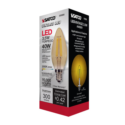 image of 3.5 Watt Torpedo CTA LED - Amber - Candelabra base - 2000K - 300 Lumens - 120 Volt